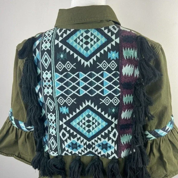 Beautiful Stories Anthropologie Inika Olive Green Utility Jacket S Embroidered - Picture 11 of 16